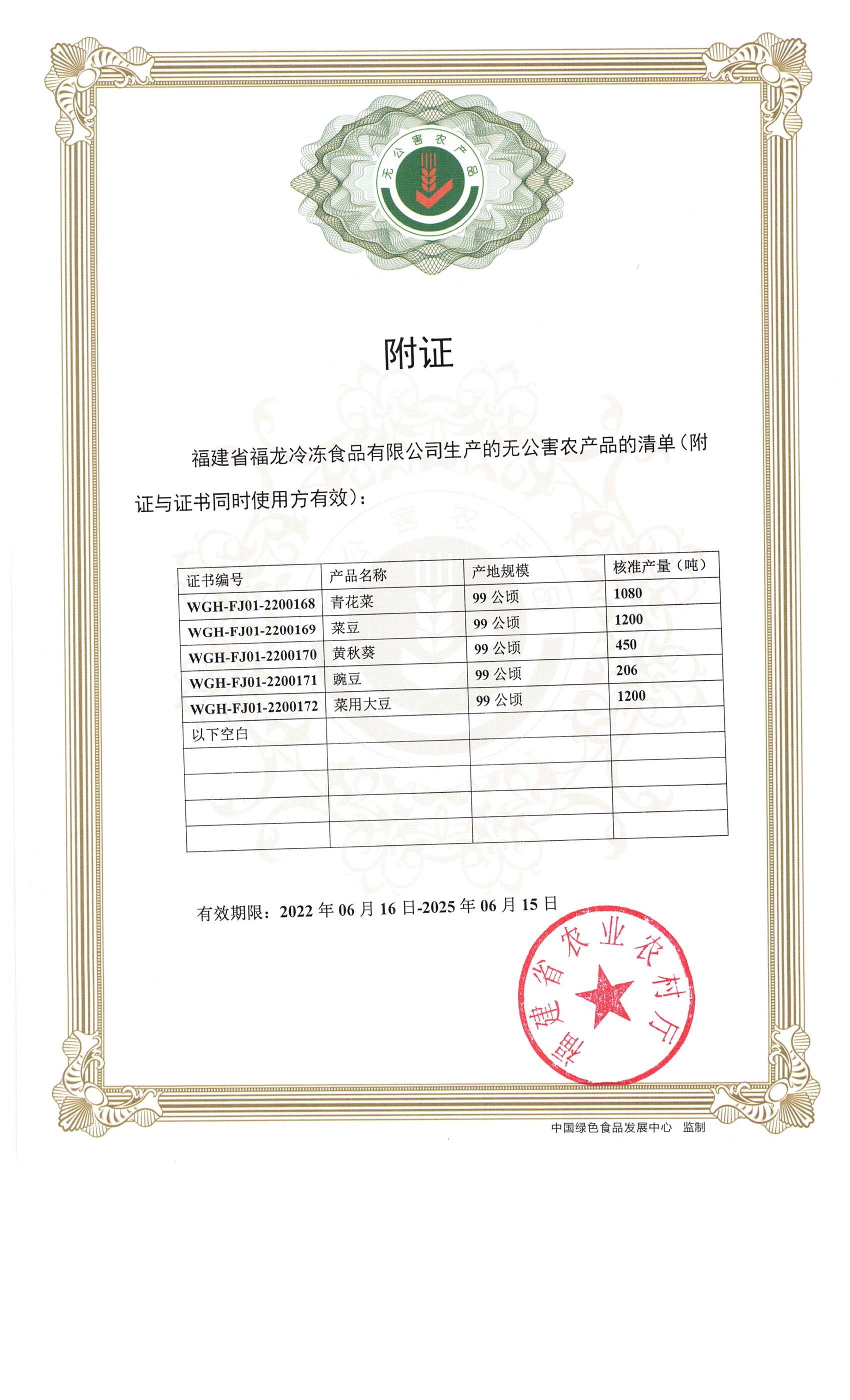 無公害農産品證書 附證 20220616-20250615